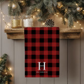 Red Black Buffalo Plaid Monogram Holiday キッチンタオル
