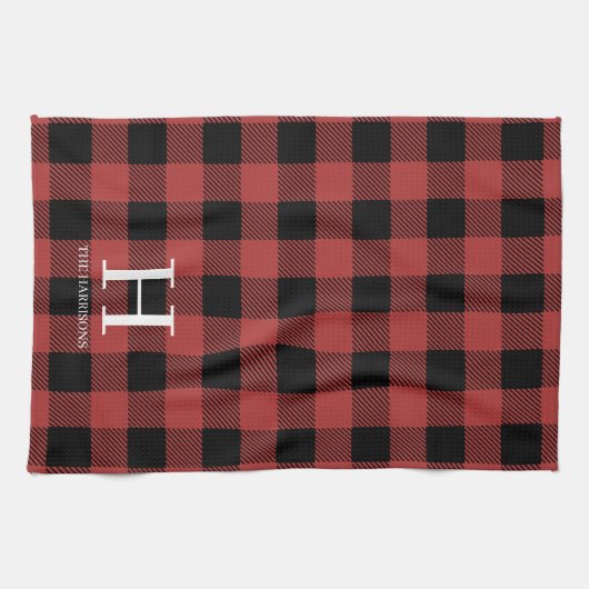 Red Black Buffalo Plaid Monogram Holiday キッチンタオル (横)