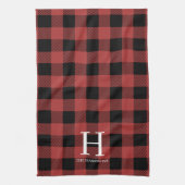 Red Black Buffalo Plaid Monogram Holiday キッチンタオル (縦)