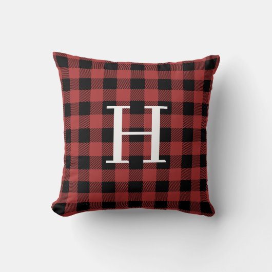 Red Black Buffalo Plaid Monogram Holiday クッション (正面)