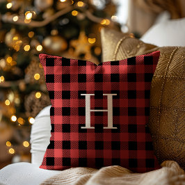 Red Black Buffalo Plaid Monogram Holiday クッション