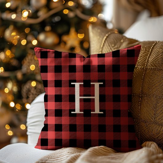 Red Black Buffalo Plaid Monogram Holiday クッション