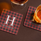 Red Black Buffalo Plaid Monogram Holiday コースター