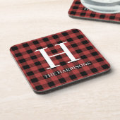 Red Black Buffalo Plaid Monogram Holiday コースター (左側)