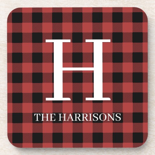 Red Black Buffalo Plaid Monogram Holiday コースター (正面)