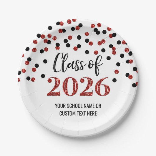 Red Black Confetti Graduation 2026 ペーパープレート (正面)