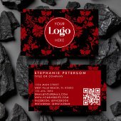 Red & Black Damask Custom Logo QR Code Template 名刺