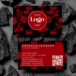 Red & Black Damask Custom Logo QR Code Template 名刺