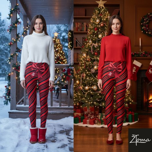 Red Black Diagonal Stripes Graphic Bow レギンス