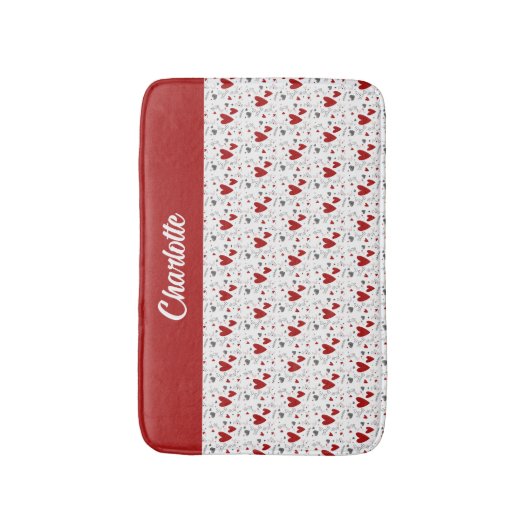 Red Black Doodle Hearts Retro Monogram Name バスマット (正面縦)