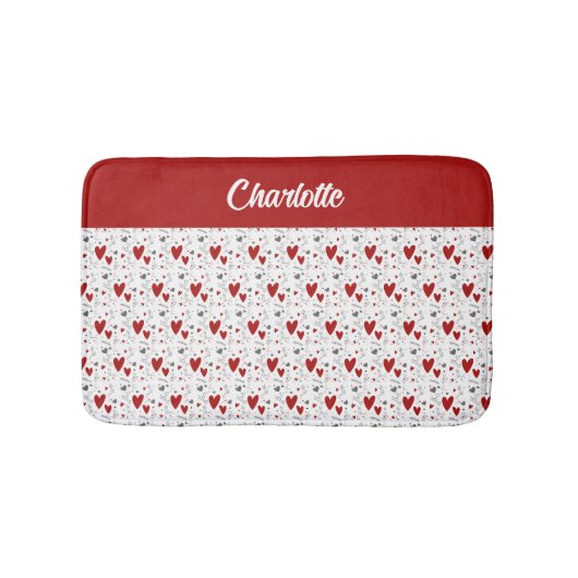 Red Black Doodle Hearts Retro Monogram Name バスマット (正面)