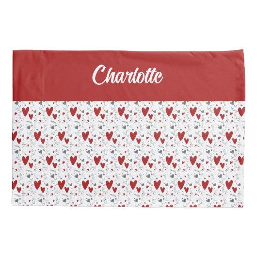 Red Black Doodle Hearts Retro Monogram Name 枕カバー (裏面)