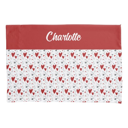 Red Black Doodle Hearts Retro Monogram Name 枕カバー (正面)