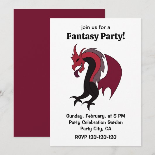 Red Black Dragon Mythical Creature Fantasy Party 招待状 (正面/裏面)
