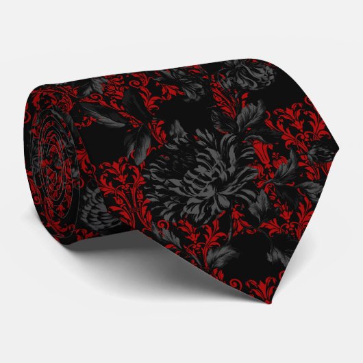 Red & Black Floral Damask Gothic Wedding ネクタイ (ロール)