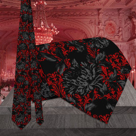 Red & Black Floral Damask Gothic Wedding ネクタイ