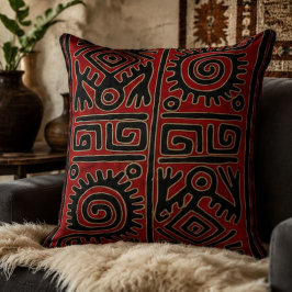 Red Black Folk Art Spirals, Diamonds & Abstract Tr クッション