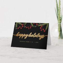 Red Black & Gold Happy Holiday Script foliage シーズンカード