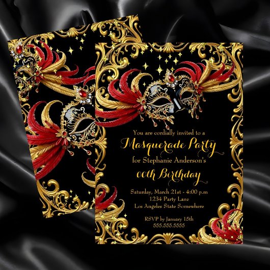 Red Black Gold Magical Night Masquerade Party 招待状