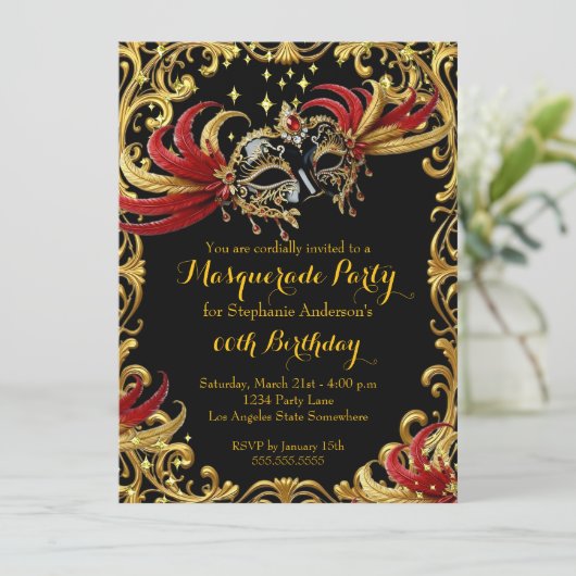 Red Black Gold Magical Night Masquerade Party 招待状 (スタンド正面)