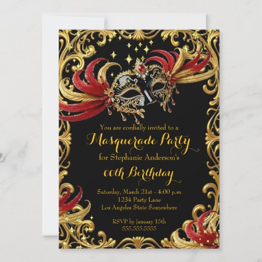 Red Black Gold Magical Night Masquerade Party 招待状 (正面)