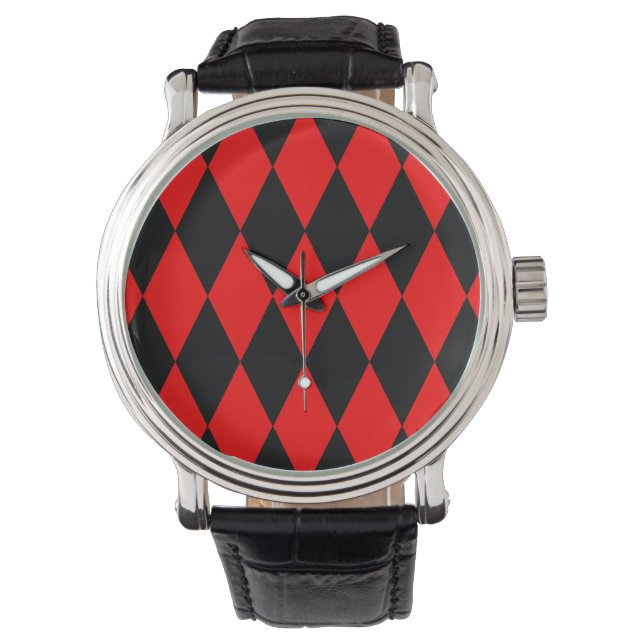 Red Black Harlequin Diamonds Checkers Design  腕時計 (正面)