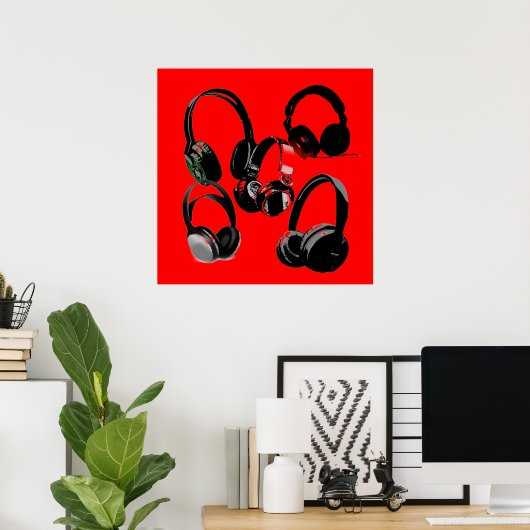 Red Black Headphone Silhouettes Pop Art Poster ポスター (ホームオフィス)