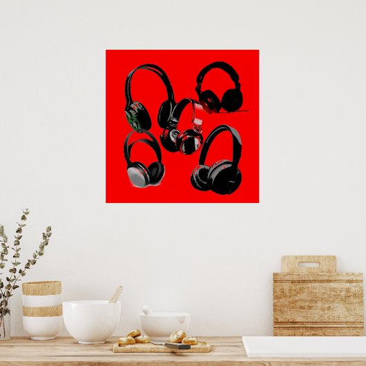 Red Black Headphone Silhouettes Pop Art Poster ポスター (キッチン)