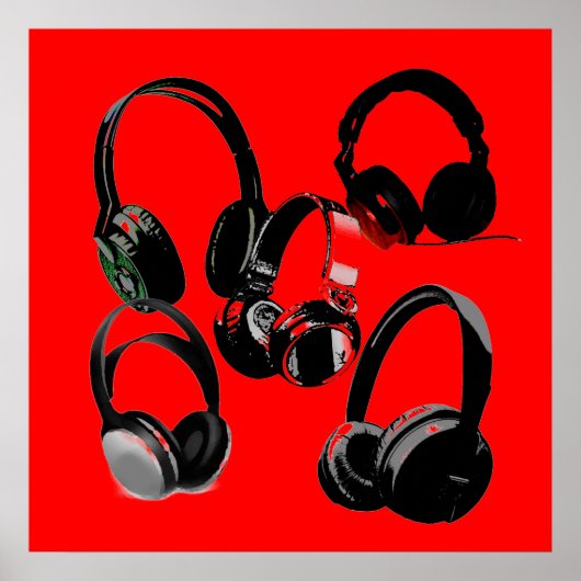 Red Black Headphone Silhouettes Pop Art Poster ポスター (正面)