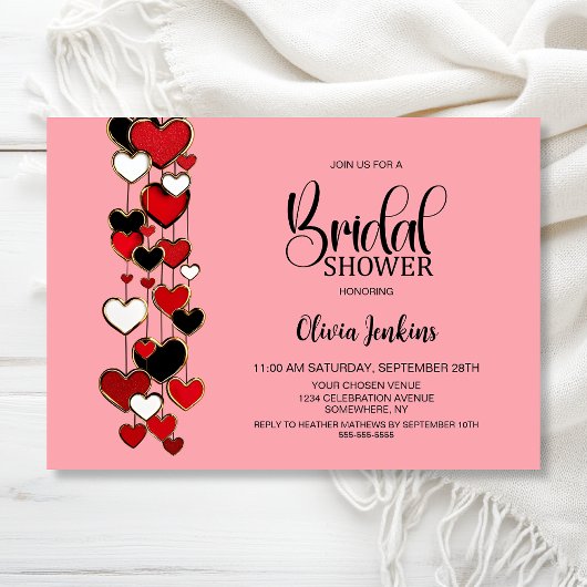 Red Black Hearts Bridal Shower 招待状