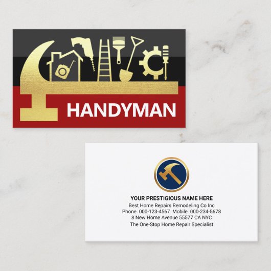 Red Black Layers Gold Hammer Handyman Tools 名刺 (正面/裏面)