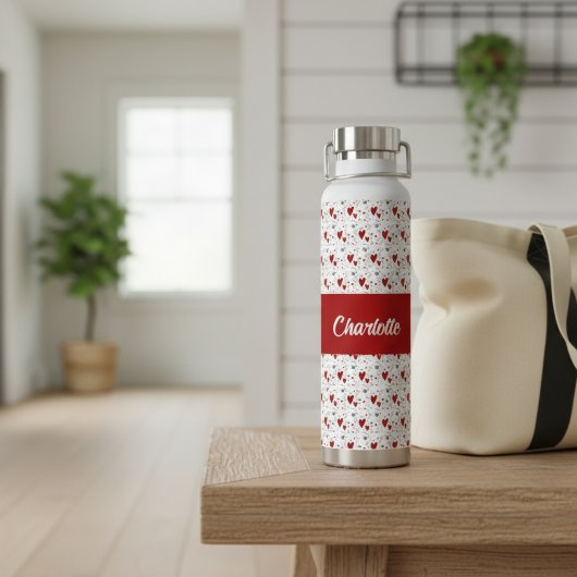 Red Black Modern Hearts Retro Monogram Name ウォーターボトル