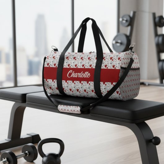 Red Black Modern Hearts Retro Monogram Name ダッフルバッグ