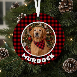 Red & Black Plaid Christmas Personalized Pet メタルオーナメント