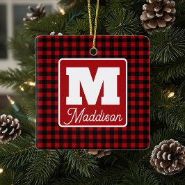 Red & Black Plaid Monogram Name Christmas  セラミックオーナメント