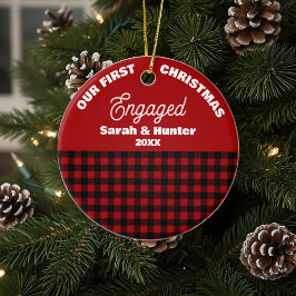 Red & Black Plaid Our 1st Christmas Engaged セラミックオーナメント