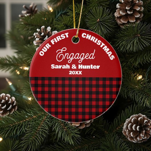 Red & Black Plaid Our 1st Christmas Engaged セラミックオーナメント