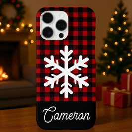 Red & Black Plaid with Snowflake Custom Name iPhone 16 Pro Maxケース