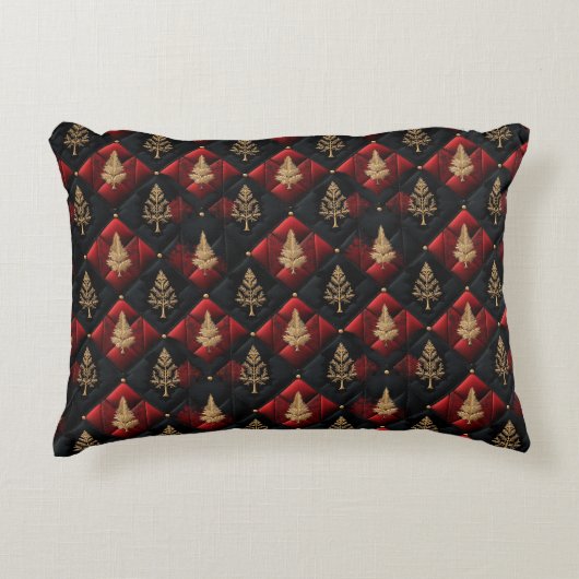 Red Black Quilt Squares Gold Christmas Trees アクセントクッション (正面)