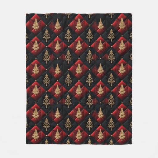  Red Black Quilt Squares Gold Christmas Trees フリースブランケット (正面)