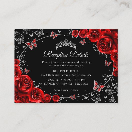 Red Black Silver Quinceanera Reception Details エンクロージャーカード (正面)