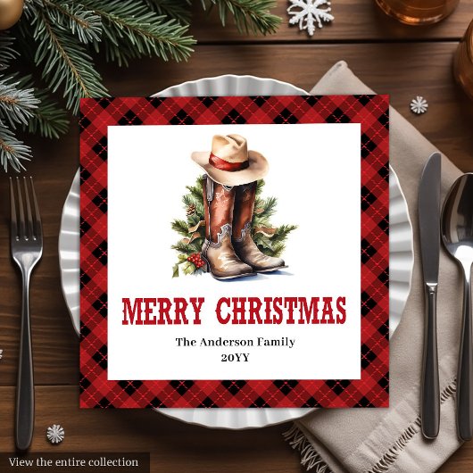 Red black tartan Western Christmas paper napkins