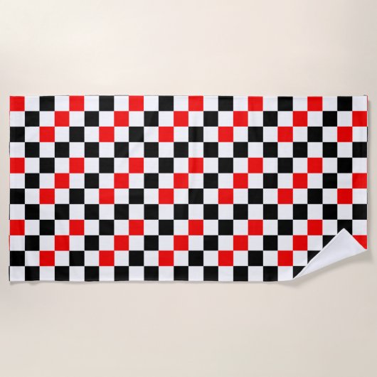 Red Black White Checkered Pattern Design  ビーチタオル (正面)