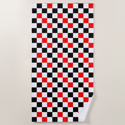 Red Black White Checkered Pattern Design ビーチタオル (正面)