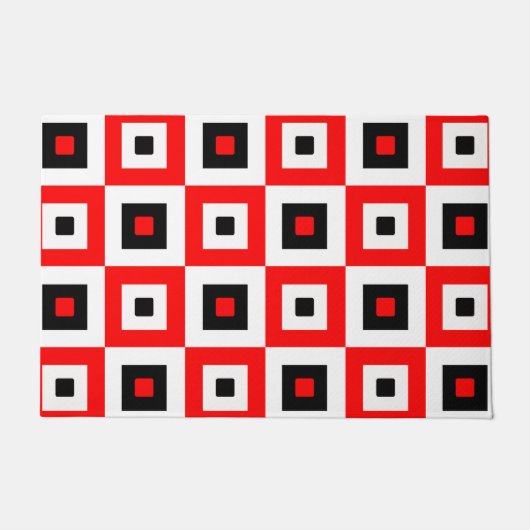 Red Black White Checkered Squares Pattern Design ドアマット (正面)