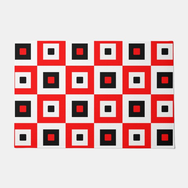 Red Black White Checkered Squares Pattern Design ドアマット (正面)
