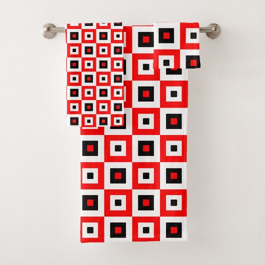 Red Black White Checkered Squares Pattern Design バスタオルセット