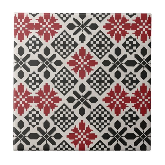 Red Black White Geometric Folk Ceramic Tile Boho タイル (正面)