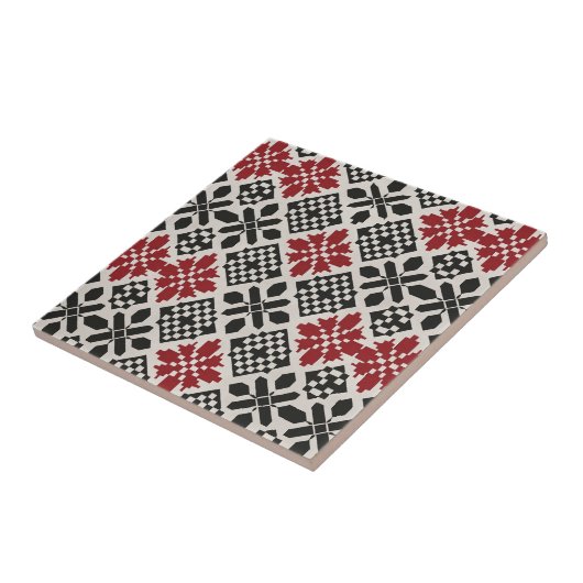Red Black White Geometric Folk Ceramic Tile Boho タイル (側面)