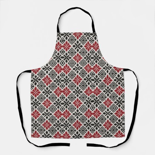 Red Black White Geometric Folk Pattern エプロン (正面)